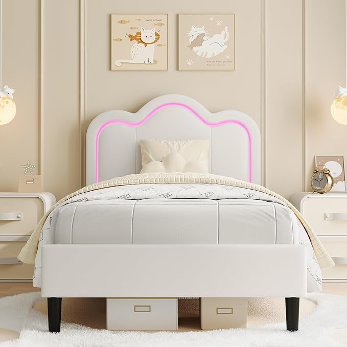 GarveeHome Twin Upholstered LED Bed Frame with Headboard, PU Leather Princess Platform Bed Frame for Kids, Wooden Slats Support, No Box Spring Needed (Cream)