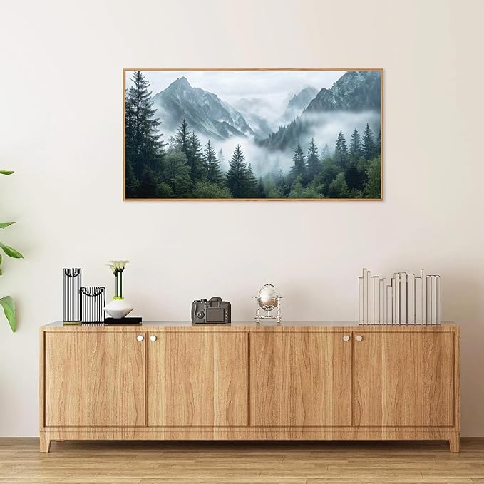 YeeHomedec Large Mountain Framed Canvas Wall Art, Modern Calming Forest Wall Decor, Misty Nature Mountains Art Painting, Wooden Pine Trees Artwork for Living Room Bedroom Farmhouse 20"x40"