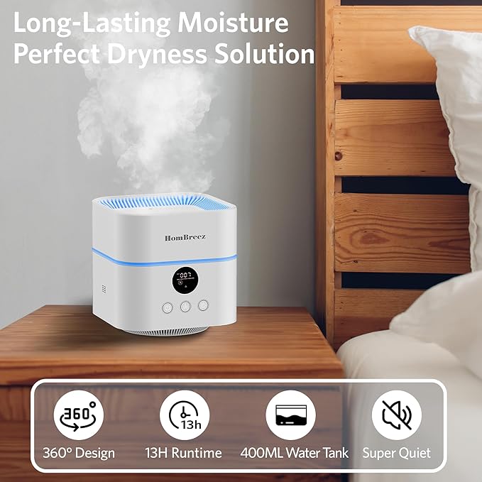 Air Purifier and Humidifier Combo for Bedroom, Covers Up to 200ft², H13 True HEPA Filter, 400ML Water Tank, Quiet Cool Mist Top Fill Essential Oil Diffuser for Baby, Pet Room, White