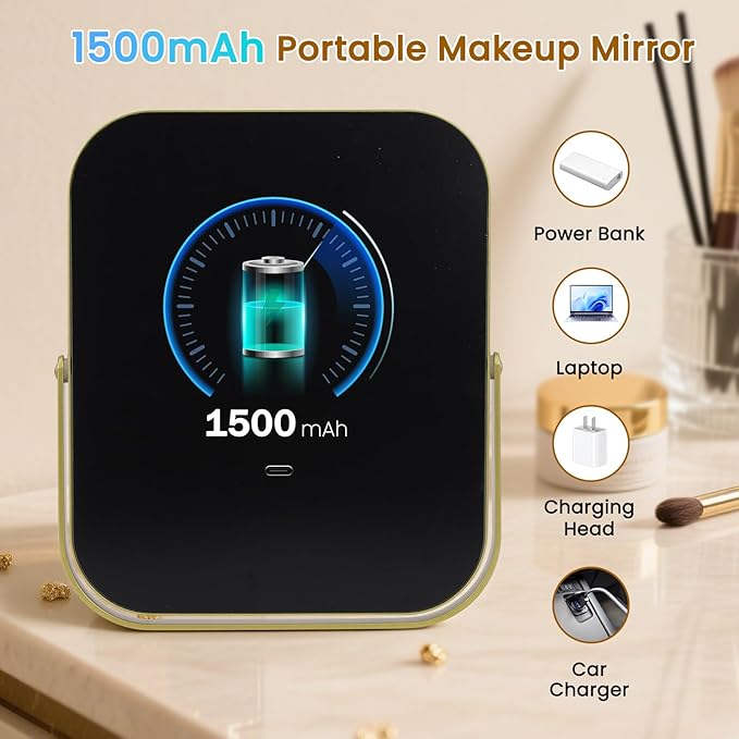 Rechargeable Vanity Mirror with Lights, 10"×8" Makeup Mirror with Lights, 1500mAH Battery, Smart Touch with 3-Color Lighting, Dimmable, HD Desk Mirror, Women Gift, Travel Essentials (Gold)