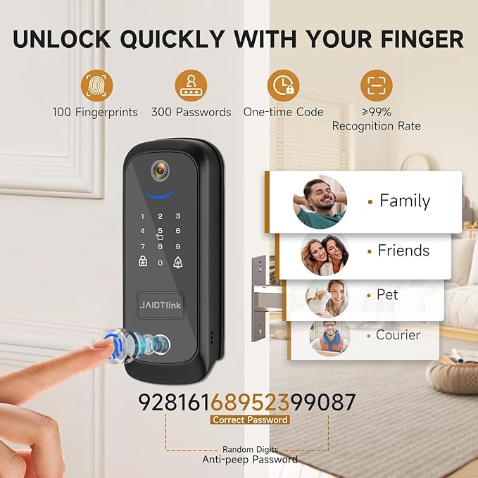 5 in 1 Smart Lock for Front Door, Keyless Entry Deadbolt with Camera & Doorbell, WiFi Secure Electronic Lock for Home, Fingerprint, Keypad, App Control, Voice Changer, Compatible with Alexa