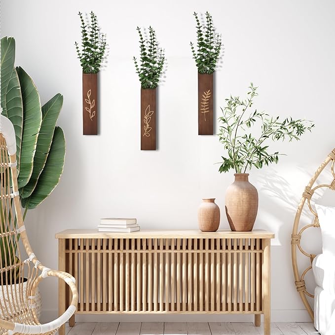 Wooden Wall Planter Set of 3 - Modern Home Decor for Living Room, Bedroom, Bathroom - Dark Brown Finish Planter for Dried Flowers, Faux Greenery, Indoor Plants