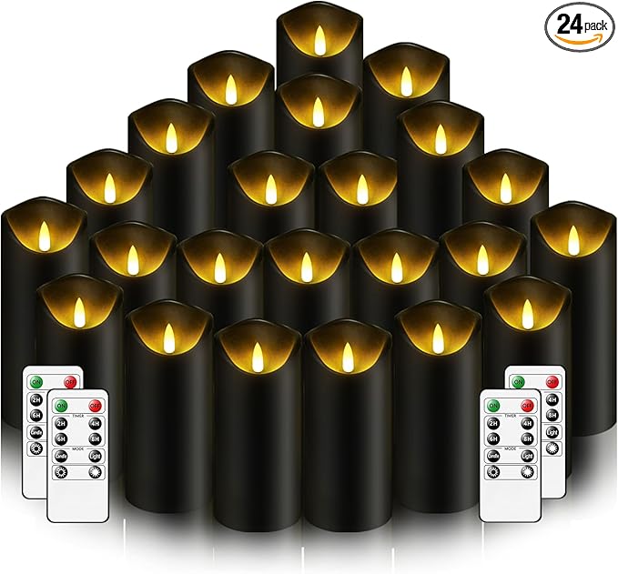 Flameless Candles with Remote, Battery Operated Flickering Flameless Candles, LED Candles with Timer 2/4/6/8H, with Realistic LED Candles Set of 24 (D2.2 x H 5" 6" 7") (Black)