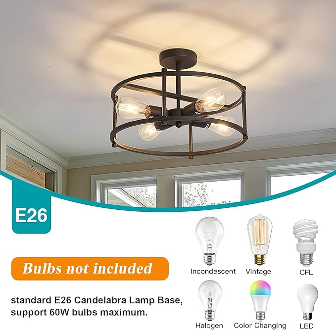 Industrial Semi Flush Mount Ceiling Light,4 Light Rustic Metal Ceiling Light Fixture,Black Farmhouse Chandelier for Kitchen Island Dining Room Hallway Entryway Bedroom Living Room.