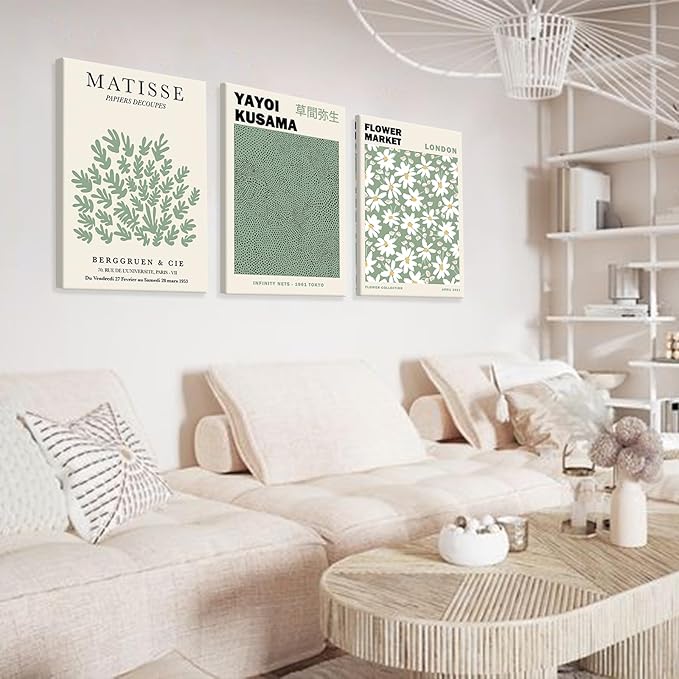 Sage Green Wall Art Framed Set of 3,Abstract Green Wall Decor Flower Market Wall Art Prints,Green Matisse Wall Art Minimalist Modern Wall Decor Living Room,Beige Green Boho Botanical Wall Art for Bedroom Bathroom-"12"x"16"
