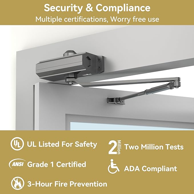 Automatic Door Closer Heavy Duty Spring Size 2 Hydraulic Aluminum Alloy UL 3-Hour Fire Rating Surface Mounted Residential Commerical Door Closures Adjustable Speed Door Weights 88-144 Lbs