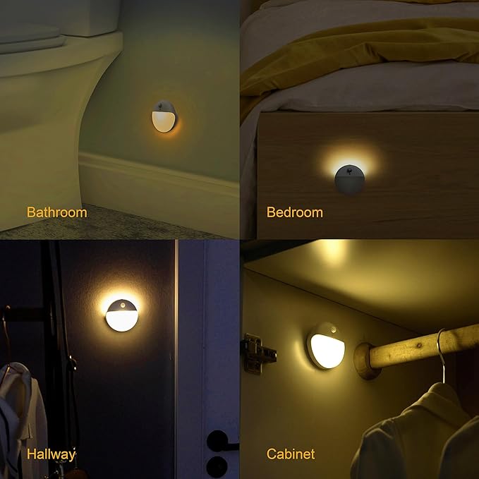 2 Pack Motion Sensor Night Light, Gold Yellow, 3 Lighting Modes, Stepless Dimming, Battery-Powered, Dimmable LED, Suitable for Bedroom, Bathroom, Stairs, Corridors, Closets