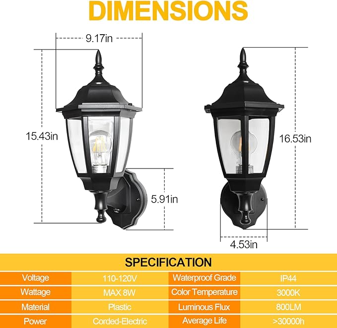 FUDESY Outdoor Wall Light Dusk to Dawn, Porch Sensor Light Black Plastic Anti-Corrosion with LED Edison Filament Bulb, Exterior Mount Lantern for House, Garage (2-Pack)