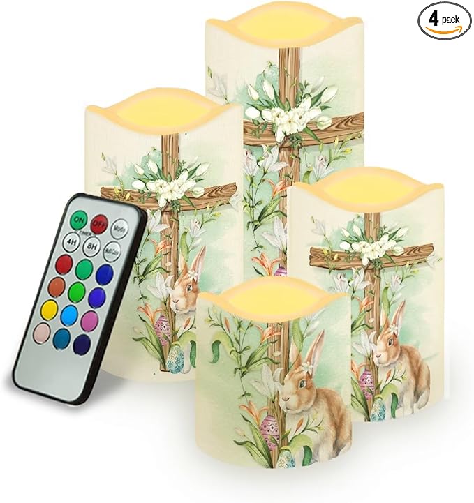 Easter Bunny and Ccoss Plastic Flameless Candles with Remote Control and Timer LED Flickering Battery Electric Pillar Candles for Table Easter Decoration