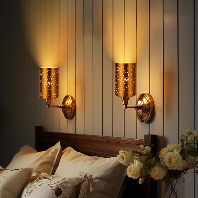 4 Pack Pendant Light Shades, Laser Starry Sky Design Cylinder Metal Lampshades with Electroplated Antique Brass Exterior Gold Interior, Lamp Shades 1-5/8 Inch Fitter, 3.5"Diameter x 5.5"Height