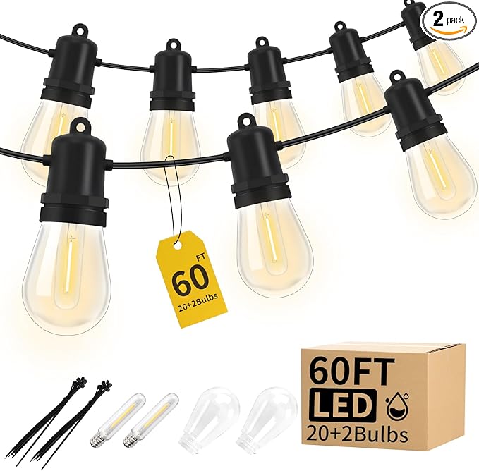 60FT Total LED Outdoor String Lights 2-Pack Dimmable Extendable S14 Bulbs IP44 Weatherproof Shatterproof Value Pack for Deck Garden