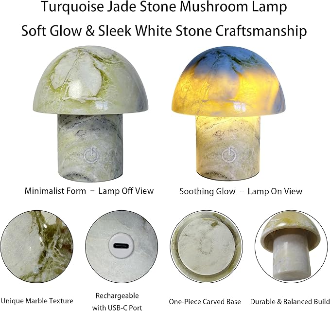 Natural Stone Mushroom Lamp, Marble LED Rechargeable Night Light with Touch Dimming, 3-Level Brightness Small Table Lamp for Bedside Ambient Home Decor, Hand-Polished Stone Decor Light