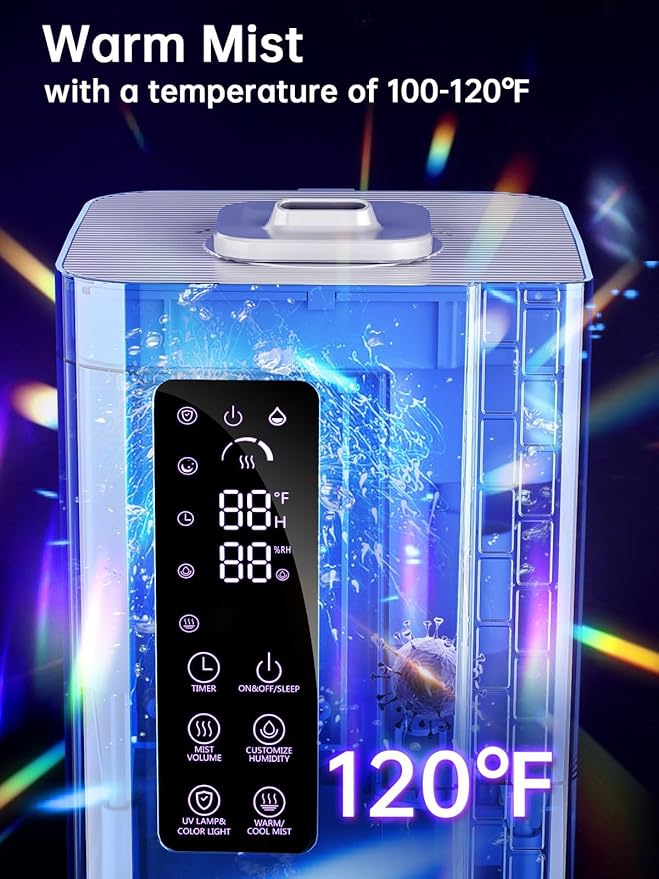 Humidifier with Warm & Cool Mist - 2.64Gal Top Fill, 500 sq ft Coverage, 60H Runtime, Remote, Humidity Control, Aroma Tray & Mood Light (Yellow/Blue)