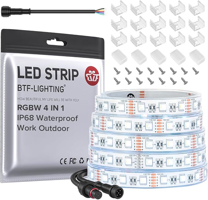 BTF-LIGHTING IP68 Waterproof Outdoor RGBW LED Strip 5050SMD RGB+Cool White(6000K-7000K) 4 Color in 1 DC12V 5m 16.4ft 60LED/m Multi-Colored Light White PCB Can Work Outdoor(No Adapter or Controller)