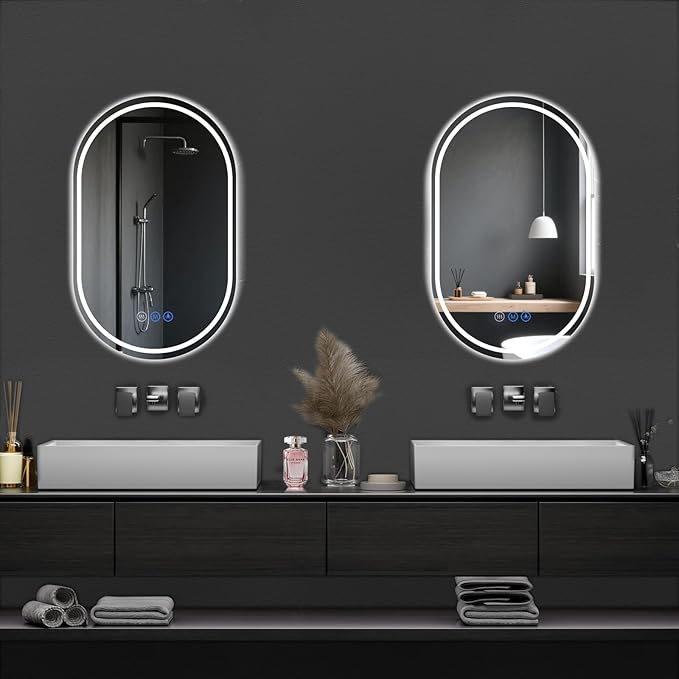 Oval LED Bathroom Mirror, 22"x 36" Frameless LED Mirror with Front Light and Backlit, Anti-Fog, Dimmable Modern Wall Mounted Lighted Mirror，Pill-Shaped Smart Mirror Bathroom