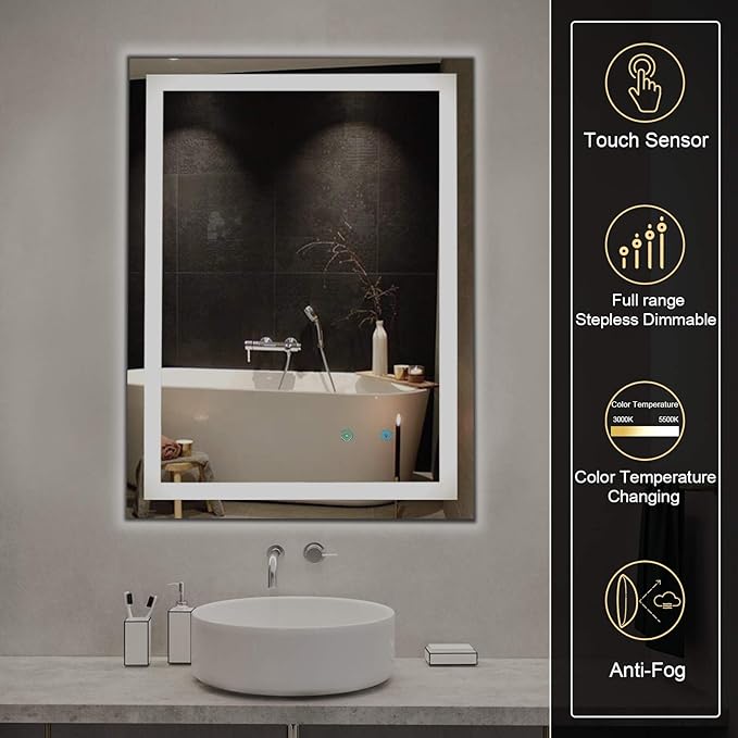 LED Vanity Mirror with Light, 24 x 32 Inch Smart Dimmable Dressing Mirror, Anti-Fog Mirror with CRI 95+ LED, Smart Touch Button, 3 Colors Lights for Wall, Bathroom, Living Room