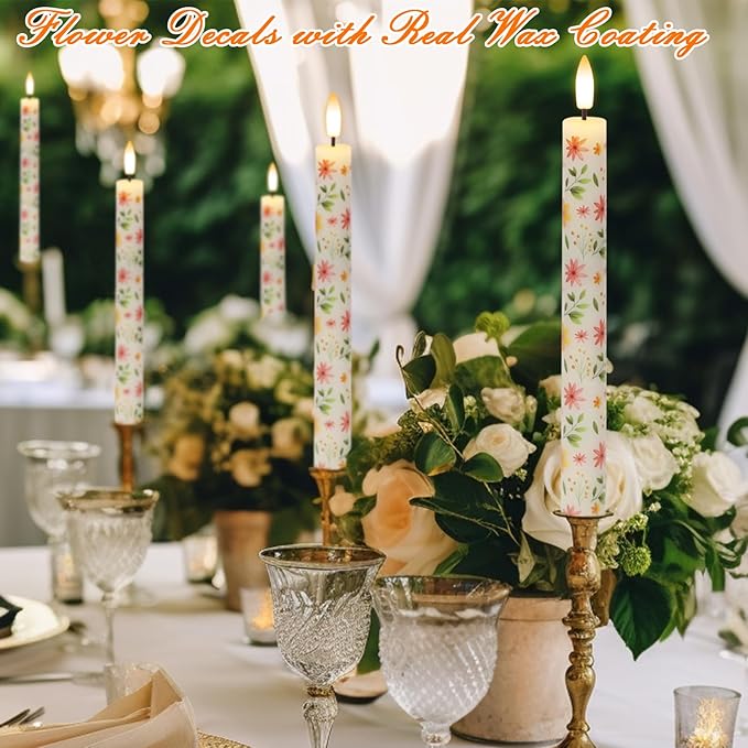 Flameless Taper Candles, Real Wax Flickering Taper Candles Battery Operated with 3D Wick, 4 Pcs White LED Flameless Candlesticks for Halloween Christmas Holiday Wedding Decor