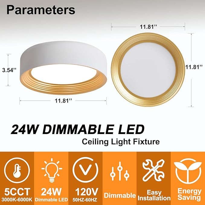 Dimmable Modern LED Flush Mount Ceiling Light,11.8 Inch 5CCT 24W/3000K-6000K,Minimalist Round White and Gold Close to Ceiling Lighting Fixtures for Kitchen,Hallway,Laundry Room,Entryway,Porch