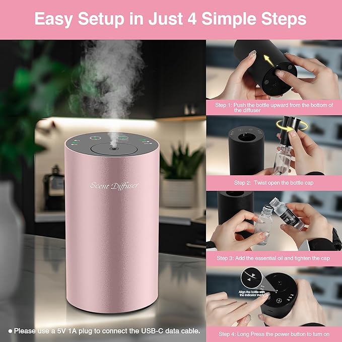 Waterless Essential Oil Diffuser Starter Kit - No Water Needed, Battery Operated Mini Scent Air Machine, Included 3x20ML Essential Oils, Portable Aromatherapy Diffuser for Home & Car & Office, Pink