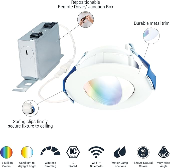 HALO 4” Smart Wi-Fi Canless LED Light Powered by WiZ Pro, Dimmable Full Color w/Adjustable Gimbal, SpaceSense, Smart Home-Ready - RAWZC409