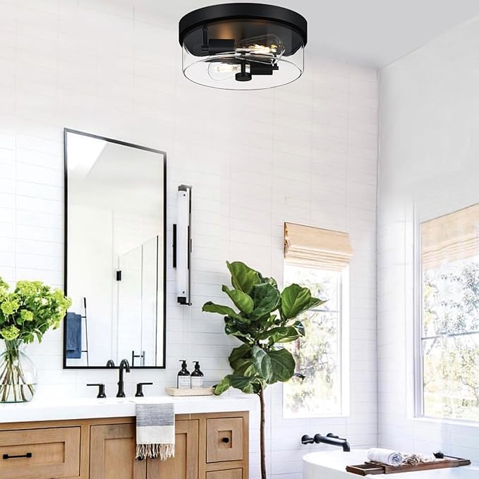 Flush Mount Ceiling Light Fixtures, 2-Light Black Ceiling Mount for Farmhouse with Clear Glass Lampshade, Industrial Flush Mount Light Fixture for Hallway, Kitchen, Entryway and Foyer