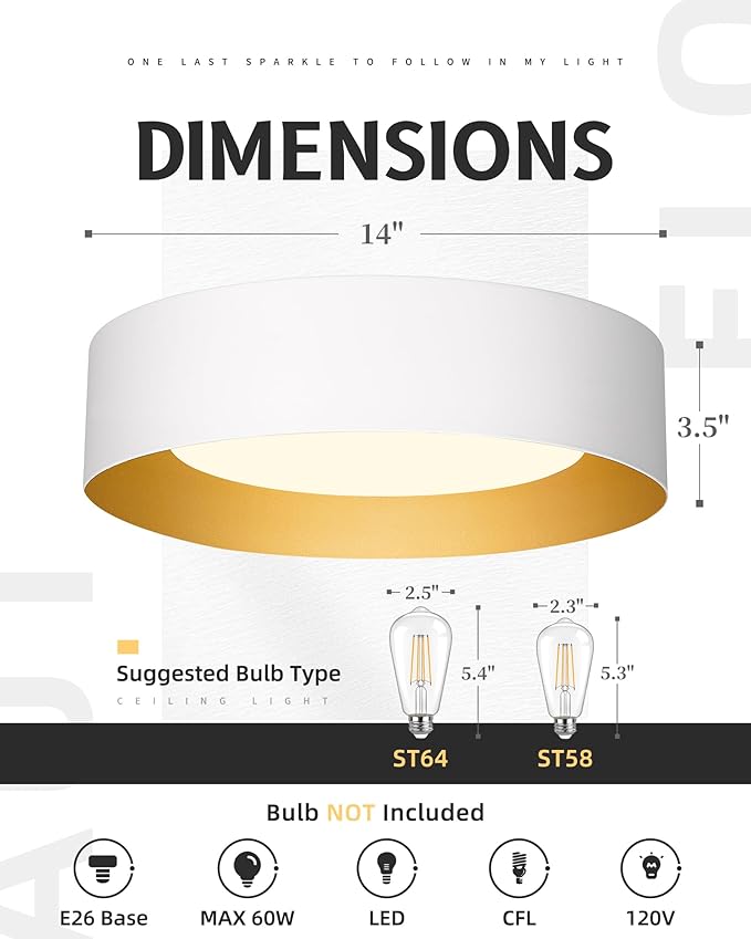 AUTELO Close to Ceiling Light Fixture, 14" Frosted Glass Shade Flush Mount Ceiling Light in White Finish E26 Socket for Living Room Hallway Bedroom C3336XS WH