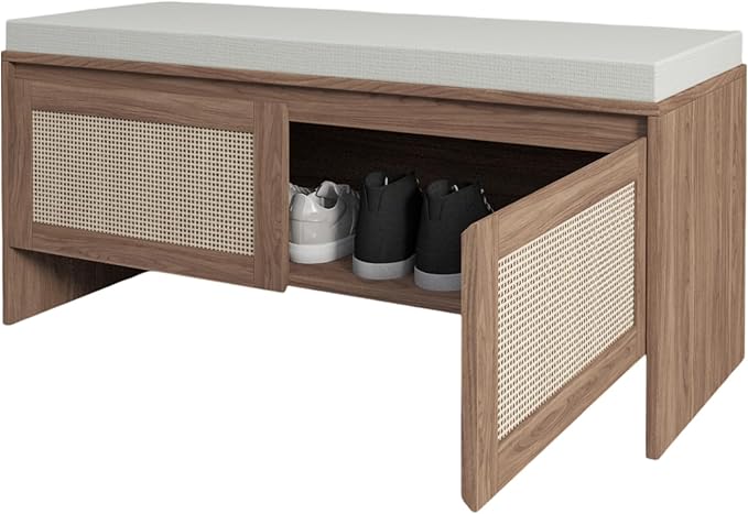Rattan Entryway Bench with Cushion, Mid-Century Modern Shoe Cabinet with 2 Rattan Doors, Storage Bench for Hallway, Antique Natural