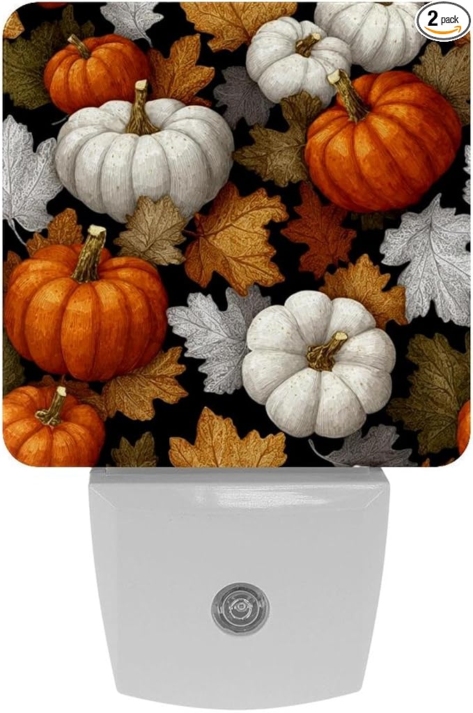 2 Pack Thanksgiving Orange and White Pumpkins a LED Night Light with Dusk-to-Dawn Sensor for Bedroom, Bathroom, Kitchen, Hallway, Stairs, Smart Night Lights Plug into Wall Auto on Off for Kids, Adults