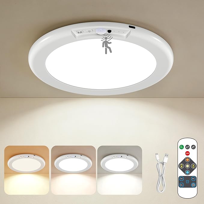KINDEEP Rechargeable Motion Sensor Ceiling Light with Remote: Battery Operated Ceiling Light Wireless Indoor for Closets Shower, Closet, Stairs, Hallway, Pantry, 3 Color Temperatures Dimmable, 1Pack