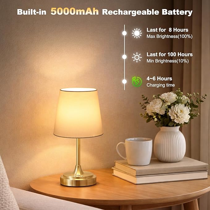 Small Cordless Table Lamp Rechargeable,5000mAh Battery Operated Desk Lamp,3 Colors & 7 RGB Stepless Dimmable,Touch Ambient Light for Bedside,Bedroom,Dining Room,Living Room,Gold,WhiteShade