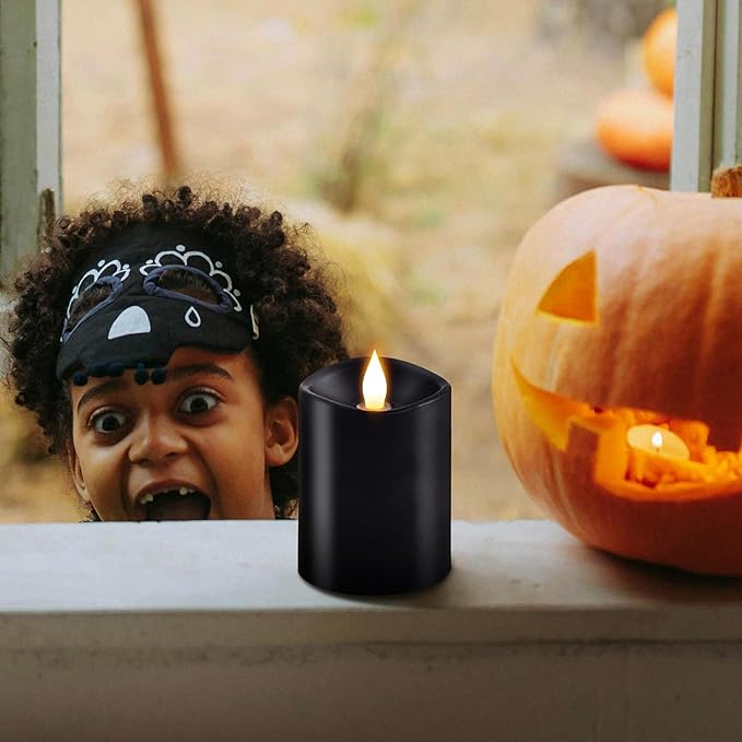 3x4 Flickering Flameless Candles Set of 1,Real Wax Pillar led Candles Flickering,with Timer,4 inch Flameless Candles with Remote,for Holiday Home Decor Party,Black