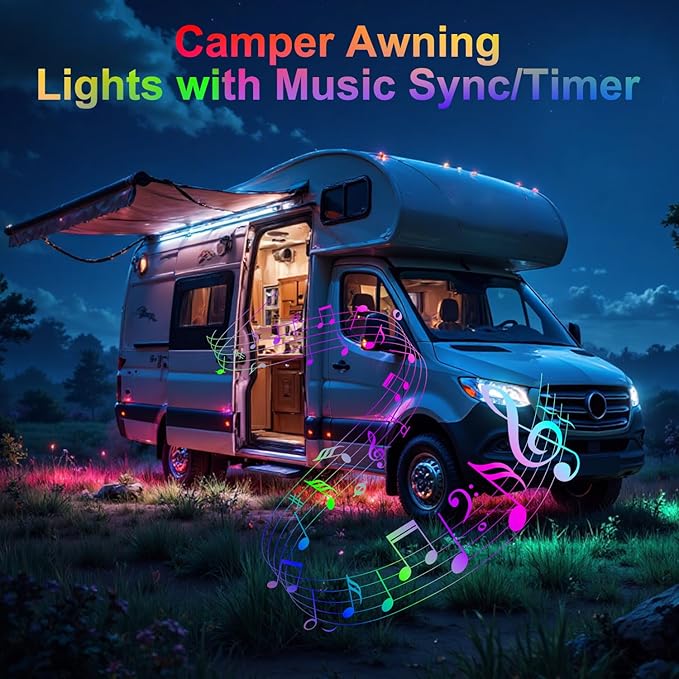 16.4FT RV Awning Lights with App / Remote Control, 12V Camper LED Light Strip with Music Sync, IP65 Waterproof Underglow LED Light Kit for Motorhome, Travel, Trailers, Outdoor Camping, Party BBQ