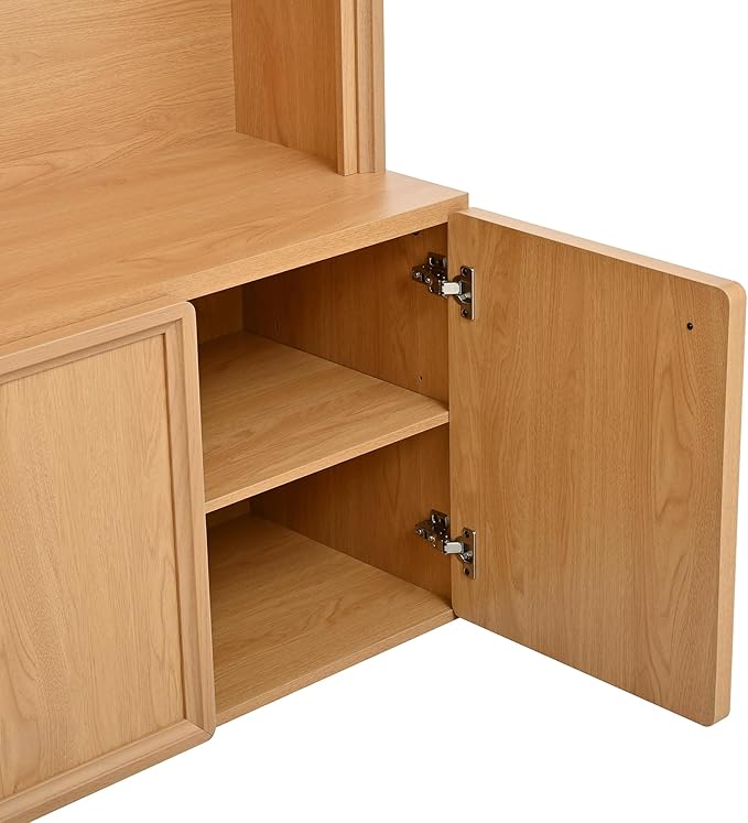 LUMISOL Farmhouse Hall Tree with Adjustable Shelves for Entryway, Arched Design Coat Rack with 4 Golden Hooks, Entryway Bench with 3 Cabinets for Mudroom, Retro Hall Cabinet for Living Room, Natural
