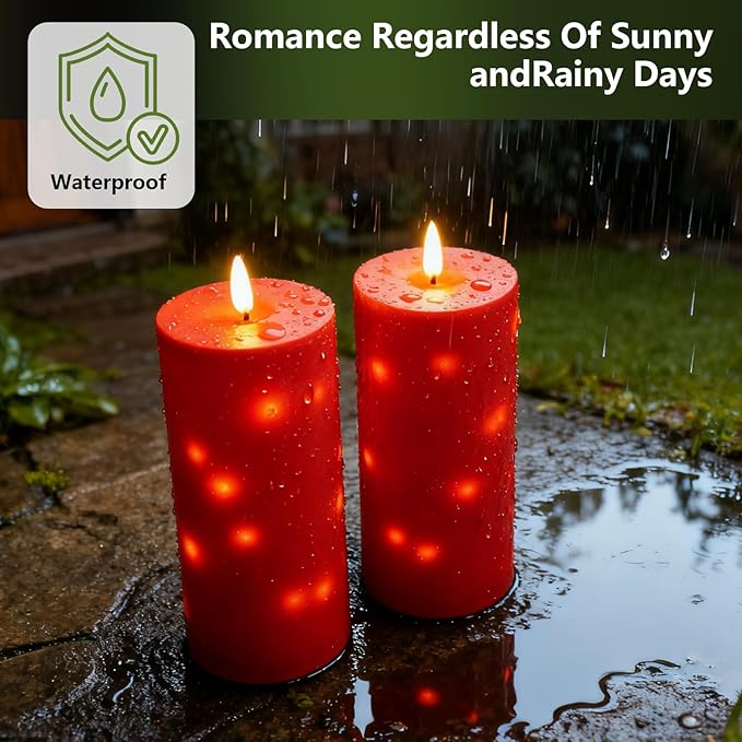 10" x 4" Large Outdoor Waterproof Flickering Flameless Candles with Timer,2Pcs Battery Operated LED Pillar Candles with Embedded Star String for Outdoor Lanterns,Porch,Patio Decor(red)