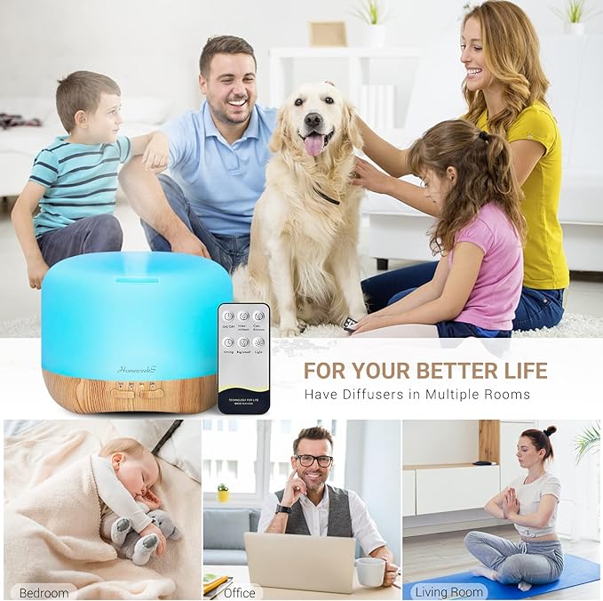 Aromatherapy Essential Oil Diffuser for Room: Colorful Aroma Air Humidifier with Adjustable Cool Mist Mode, Waterless Auto Off Ultrasonic Diffusers for Large Small Room Home Office 500ML