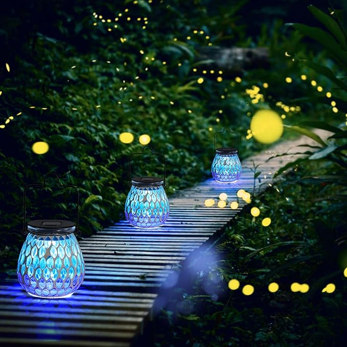 Bshine Mosaic Solar Lantern Outdoor Hanging Waterproof, Blue Mosaic Light Indoor Decorative Table, Garden Decor for Yard Outside, Path, Courtyard, Lawn, Birthday Gift for Mom Women Gardening, Antique