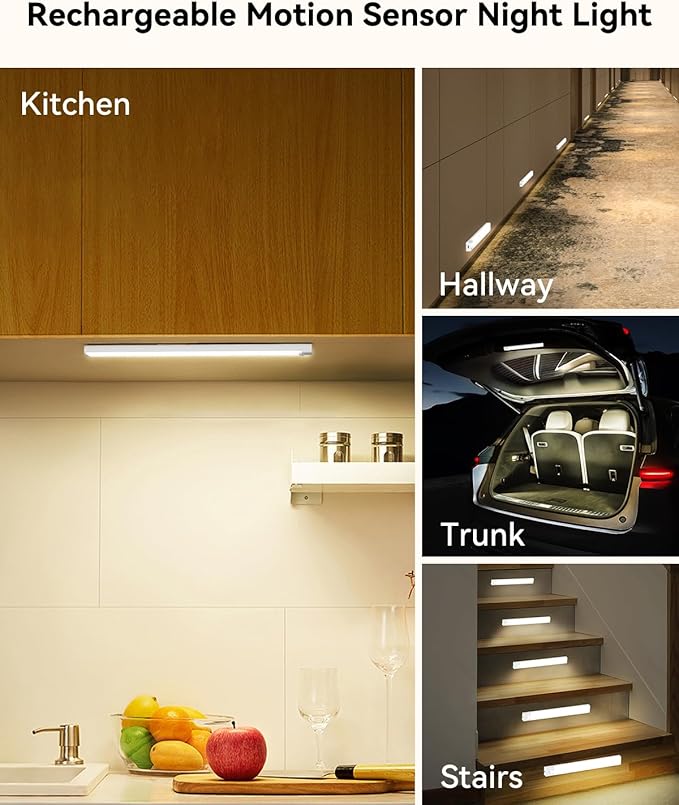 12 Inches Under Cabinet Lighting 3 Packs, Rechargeable Motion Sensor Light Indoor, 3 Color Temps, Dimmable Closet Light Stick on, Under Counter Lights for Kitchen