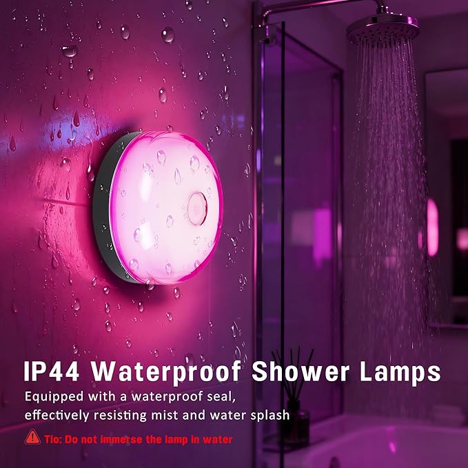 Loscarol Rechargeable Shower Lights with Remote, 15 RGBW Color Changeable Shower Lamp Waterproof, Dimmable ＆Timer Ceiling Light, Wireless LED Mood Lighting for Bathroom, Closet (Black, 2 Pack)