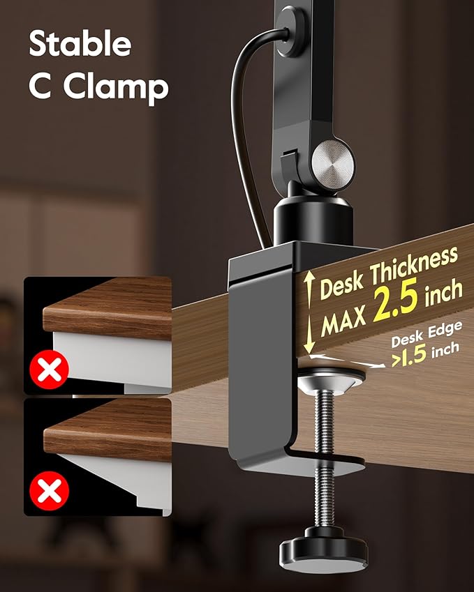 LED Desk Lamp for Home Office, 15W Desk Light with C- Clamp, Swing Arm, Memory & Timer Function, 1200LM Dimmable Computer Light for Video Calls, Conference, Study (White-Clamp)