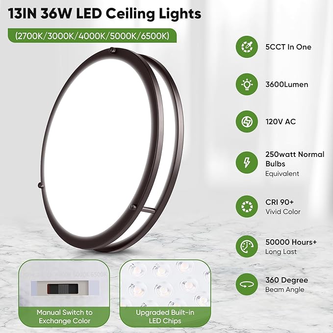 1-Pack 36W LED Ceiling Light, 13inch Oil Rubbed Bronze Flush Mount Light Fixture 3600LM 2700K/3000K/4000K/5000K/6500K Adjustable Ceiling Light, Modern Dimmable Lighting for Kitchen Hallway Bathroom