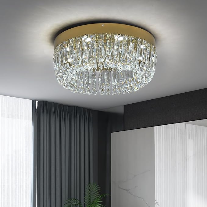 Deckrico Luxury Gold Crystal Chandelier Flush Mount Ceiling Light, 19.7" Modern LED Lighting Fixture for Bedroom Kitchen Dining Room Living Room