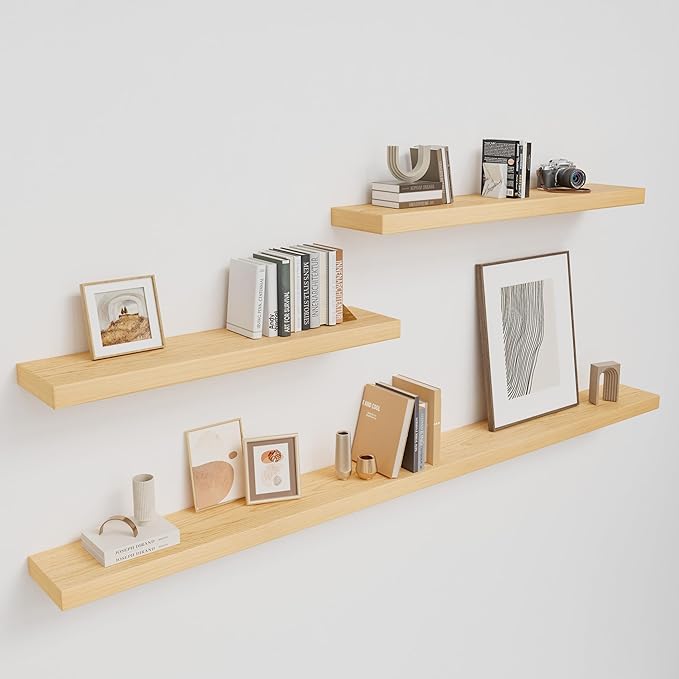 White Oak Floating Shelf for Wall, 3-Piece Long Wood Floating Shelves for Fireplace Mantel, 8D x 2 Inch Thick Wall Shelves for Kitchen Bathroom Living Room Laundry, 50LBS Capacity(35.5&72 In)