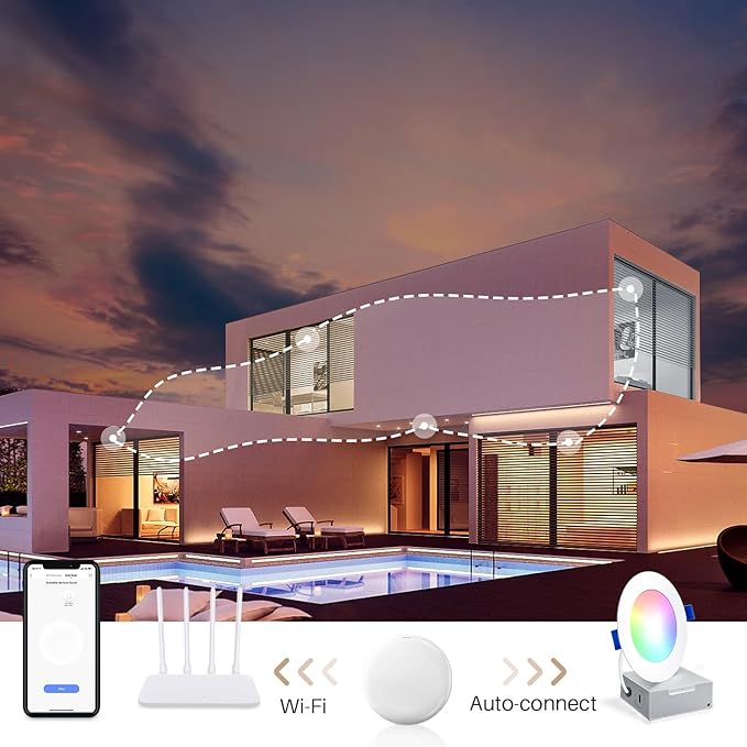 Peteme Recessed Lighting 4 Inch LED Smart Recessed Lights IC Rated ETL Certified, Canless Ceiling Light RGBCW Color Changing Outdoor Soffit Downlight with J-Box Work with Alexa/Google, 10W 800LM 12Pcs