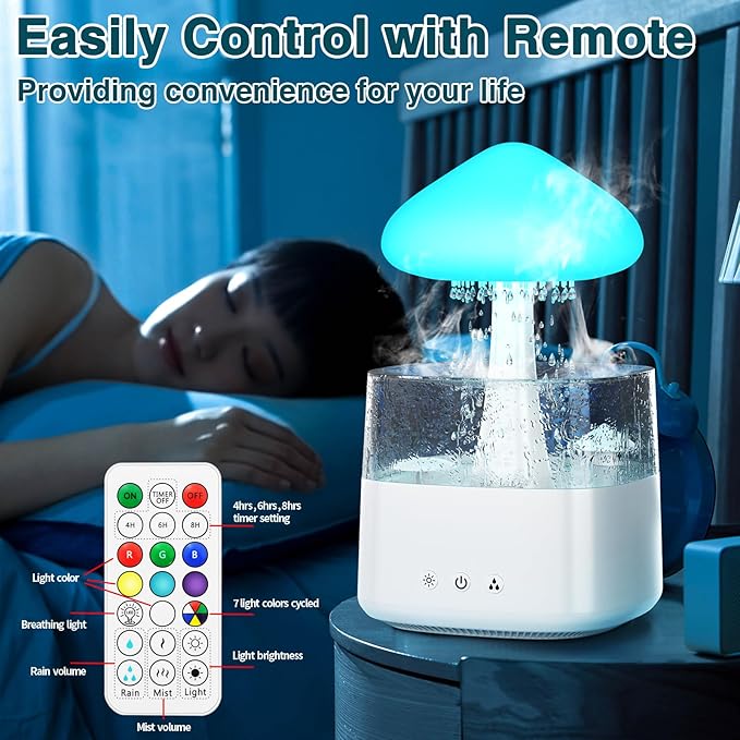 Cloud Humidifiers 450ML Water Drip Mushroom Humidifiers with Remote Control 7 Colors Mood Light Air Humidifier Raindrop Humidifiers for Bedroom