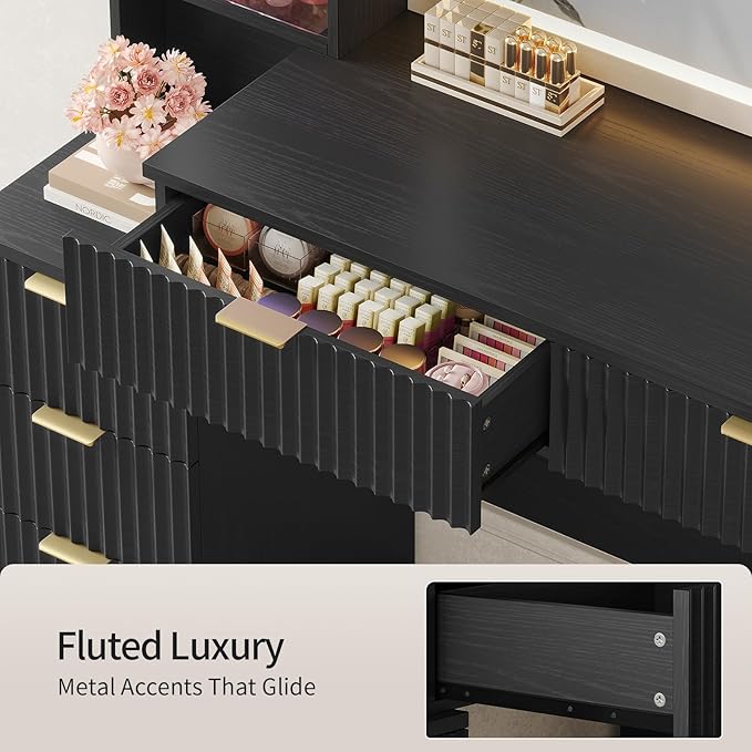Big Vanity, 59.1" Fluted Wood Makeup Vanity Desk with Mirror and Sound Sync LED Lights, Large Vanity Dressing Table, 8 Drawers, 2 Glass Cabinets, with Charging Station for Girls, Women (Black)