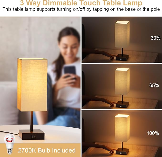 Sailstar Bedside Lamps, Table Lamp with USB C+A Charging Ports, 3 Way Dimmable Touch Control, Small Nightstand Lamps for Bedroom, Home Decor, Living Room, LED Bulbs Included, Upgraded Beige