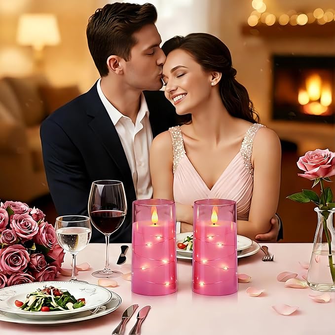 Homemory Flameless Candles with Embedded Star String Fairy Lights, Battery Operated Candles, LED Candle, Fake Candles with Remote Control and Timer, Pink, Set of 2(H 6" 6")