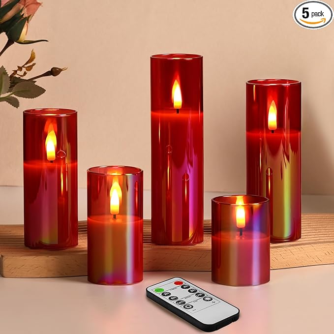 Eywamage Red Glass Flameless Candles with Remote Batteries, Flickering Slim Tall LED Pillar Candles Set of 5