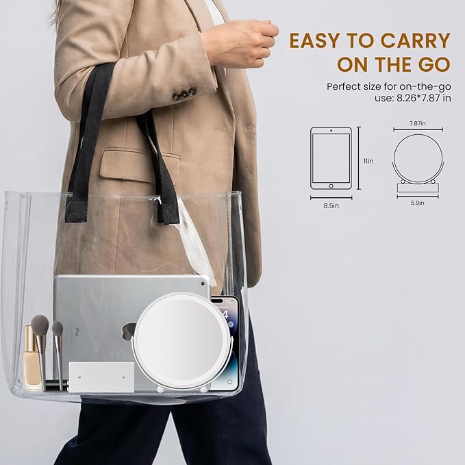 Travel Makeup Mirror, 9" Small Vanity Mirror with Lights, 1500mAH Battery, 3-Color Lighting, Dimmable, 360° Rotation, Round Portable Desk Mirror, Travel Essentials (White)