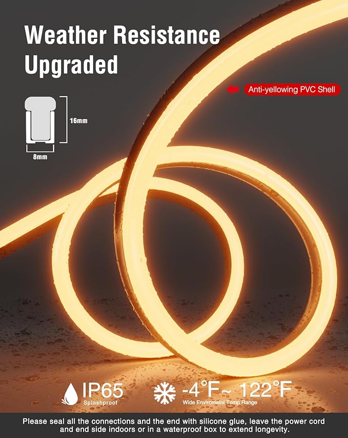 Shine Decor LED Neon Rope Lights AC 120V, Expandable & Cuttable 120LEDs/M Bright Strip Lighting, ETL Cold-Resistant & IP65 Waterproof for Indoor Outdoor, 8x16mm, 2500K Warm White, 16.4ft